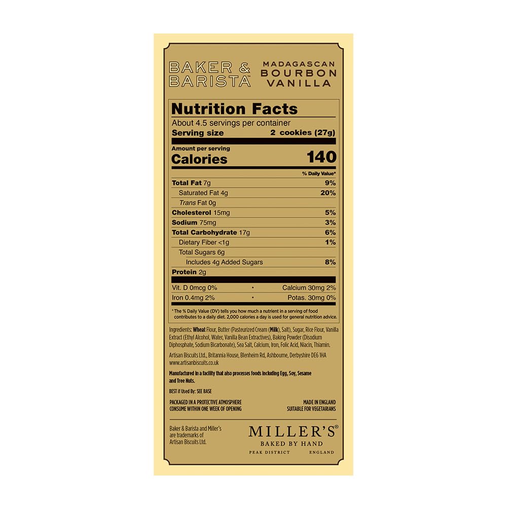 Miller's Artisan Biscuits Baker & Barista Madagascan Bourbon Vanilla Shortbread Cookies | 4.2 oz