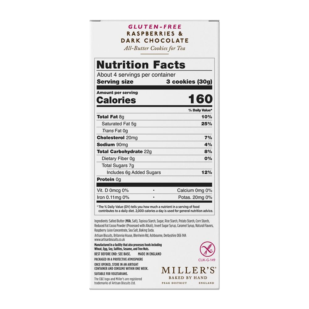 Miller's Artisan Biscuits Elegant & English Gluten-Free Raspberries & Dark Chocolate Shortbread Cookies | 4.4 oz