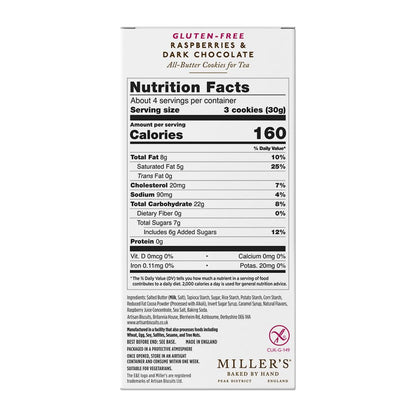 Miller's Artisan Biscuits Elegant & English Gluten-Free Raspberries & Dark Chocolate Shortbread Cookies | 4.4 oz
