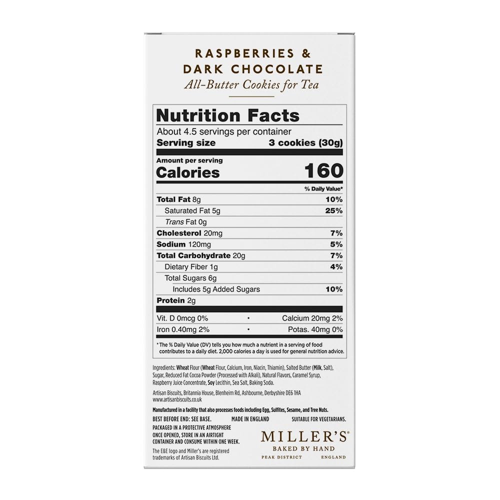 Miller's Artisan Biscuits Elegant & English Raspberries & Dark Chocolate Shortbread Cookies | 4.9 oz